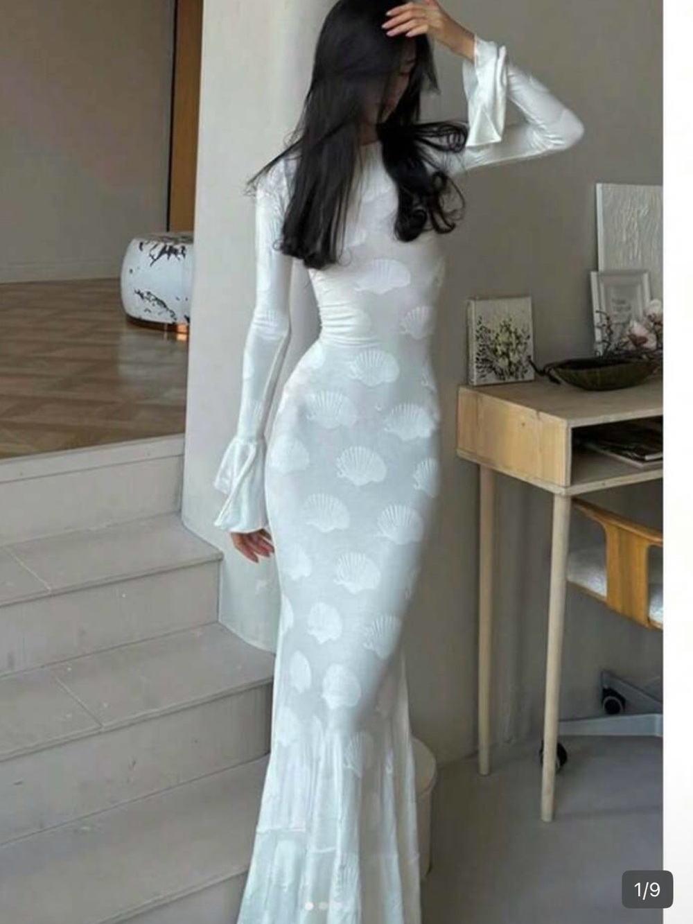 Elegant White Shell-Print Long Sleeve Mermaid Dress